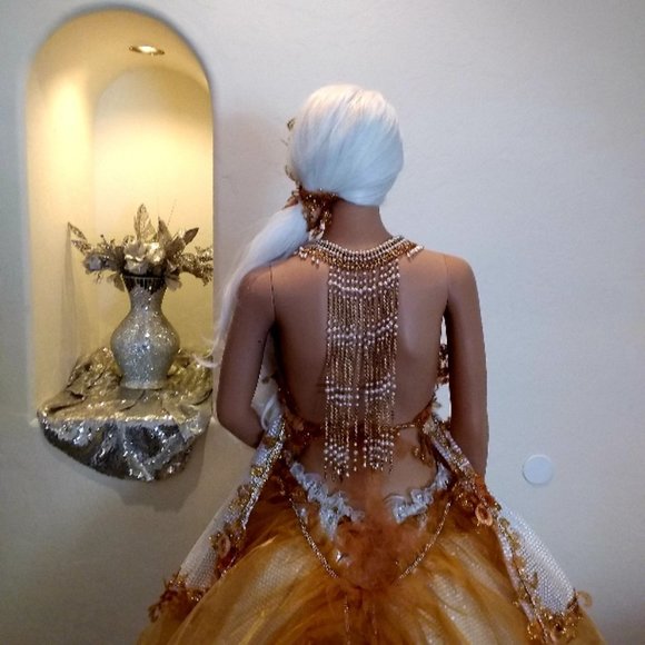 SAMPLE GOWN ONLY-ASHANTI White & Gold Sequin Boho Wedding Ballgown - Picture 6 of 6